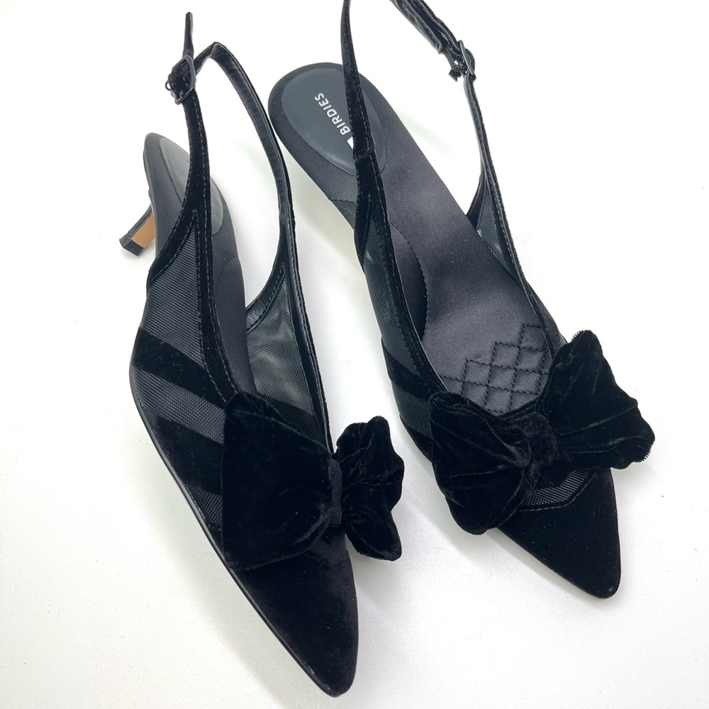 Birdies The Goldfinch Mesh Velvet Slingback Pointed Toe Kitten Heel Black Shoes
